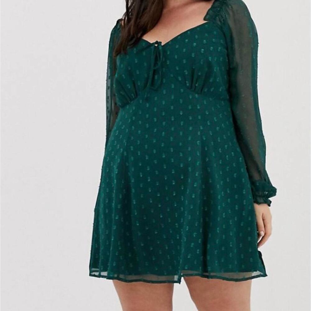 Asos Dark Green Swiss Dot Long Sleeve Mini Dress • Cottage Milkmaid • Size 10